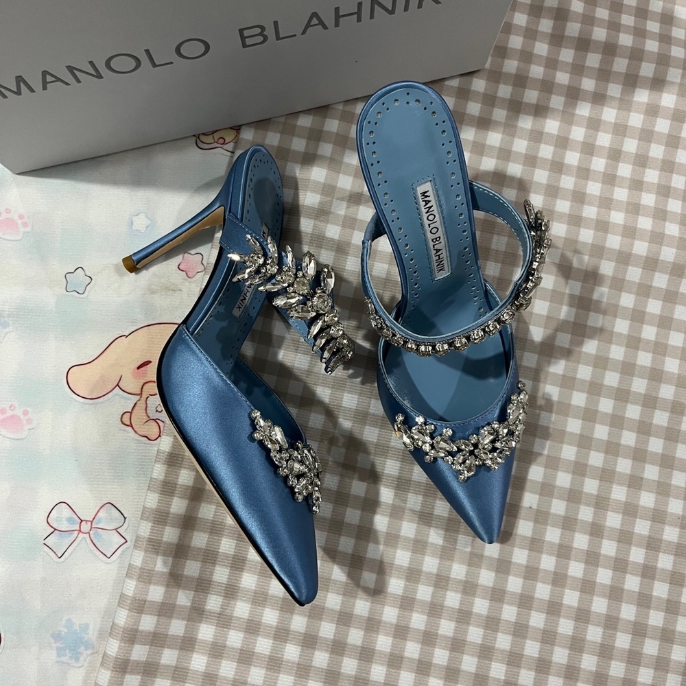 Manolo Blahnik Blue Satin Crystal-Embellished Pointed Toe Mules - Picture 2 of 8